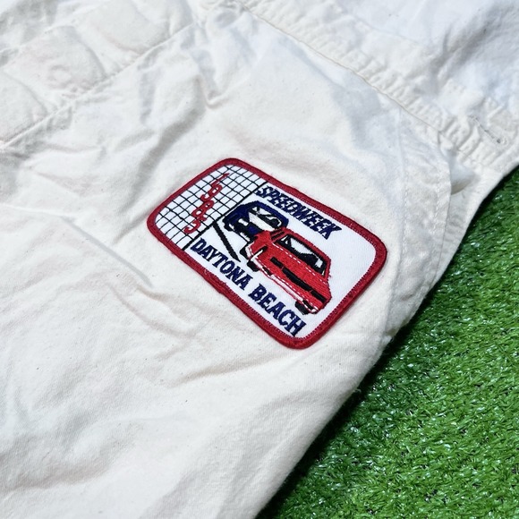 Vintage  Wrangler Bib Overalls 42 x 32 Cream 90s Chevy‎ NASCAR Daytona Patches - Picture 4 of 16